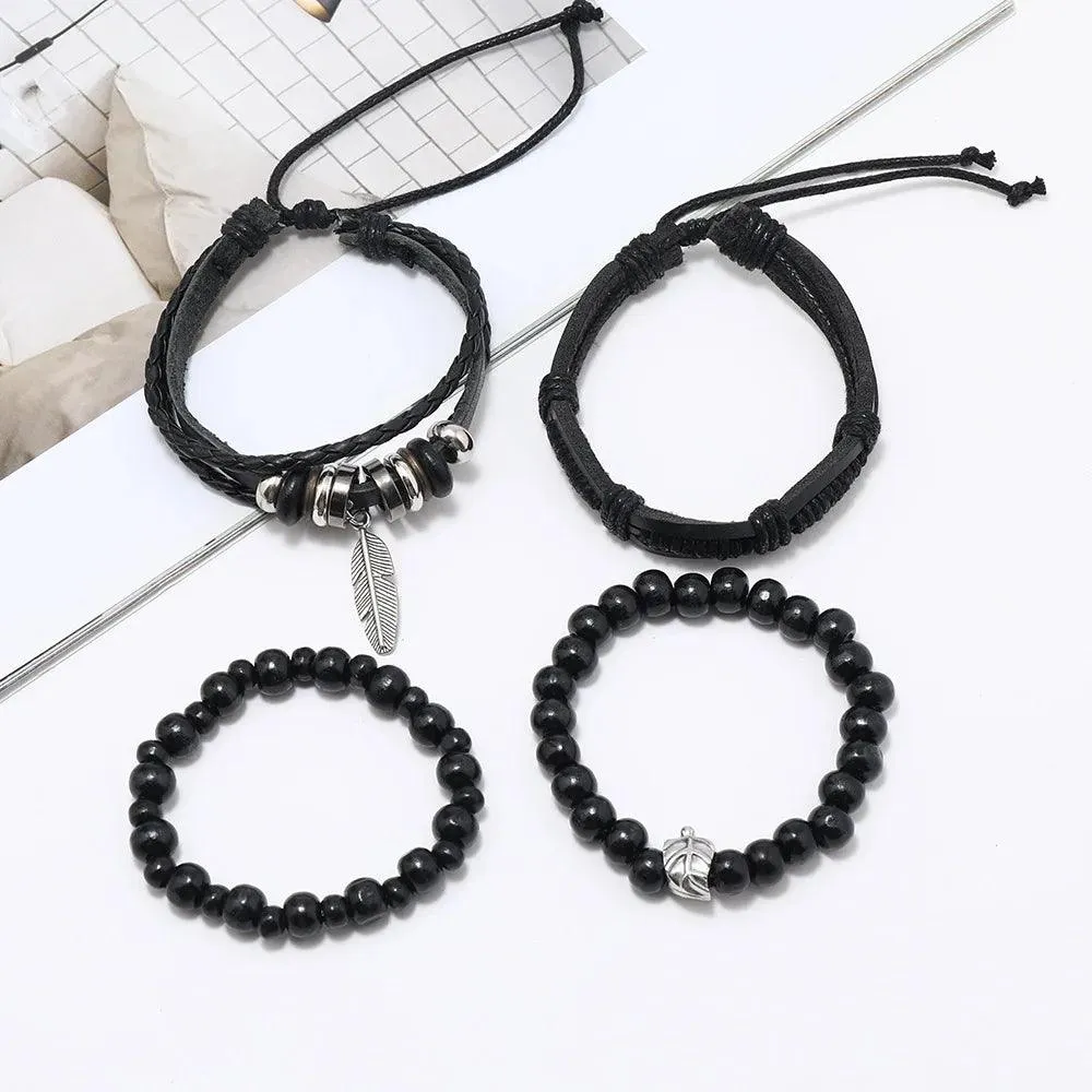 Popular Beaded Bracelet For Men DIY Vintage Feather Pendant Simple Versatile Bracelet Mens Handmade Charm Black Bracelet