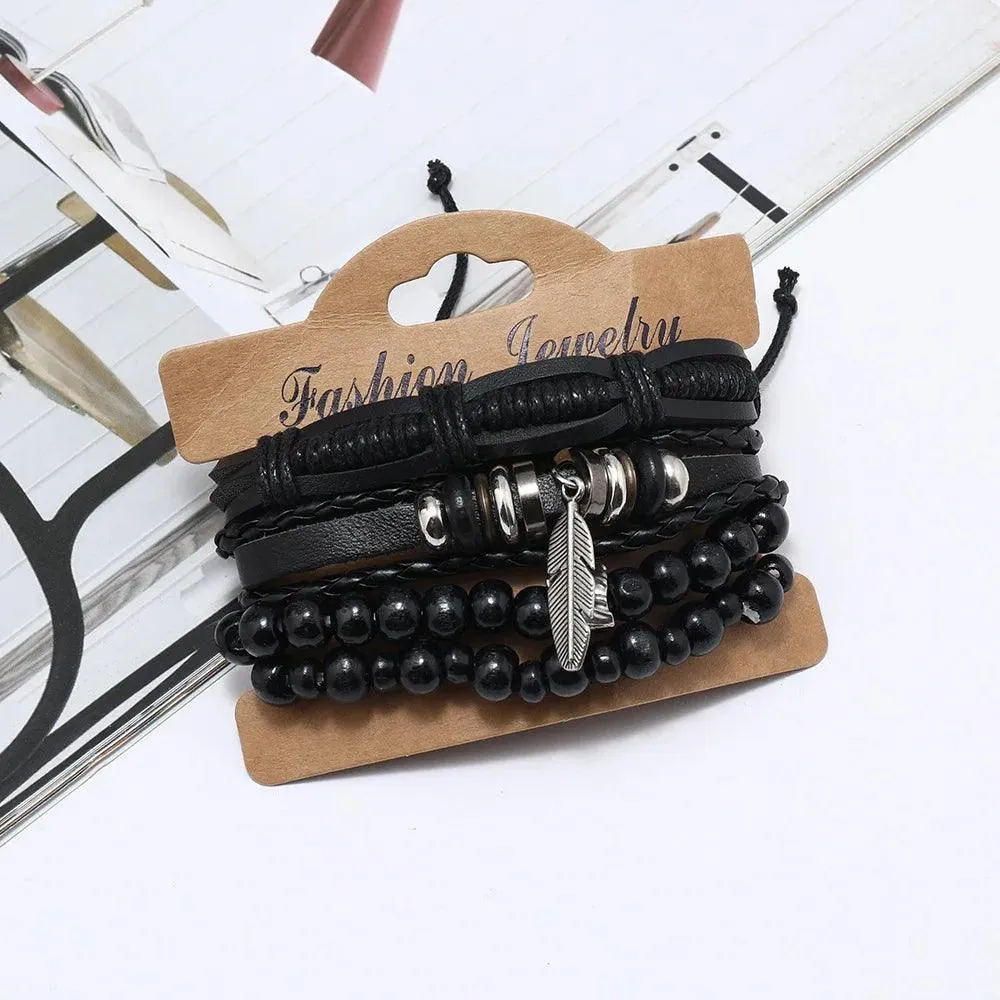 Popular Beaded Bracelet For Men DIY Vintage Feather Pendant Simple Versatile Bracelet Mens Handmade Charm Black Bracelet