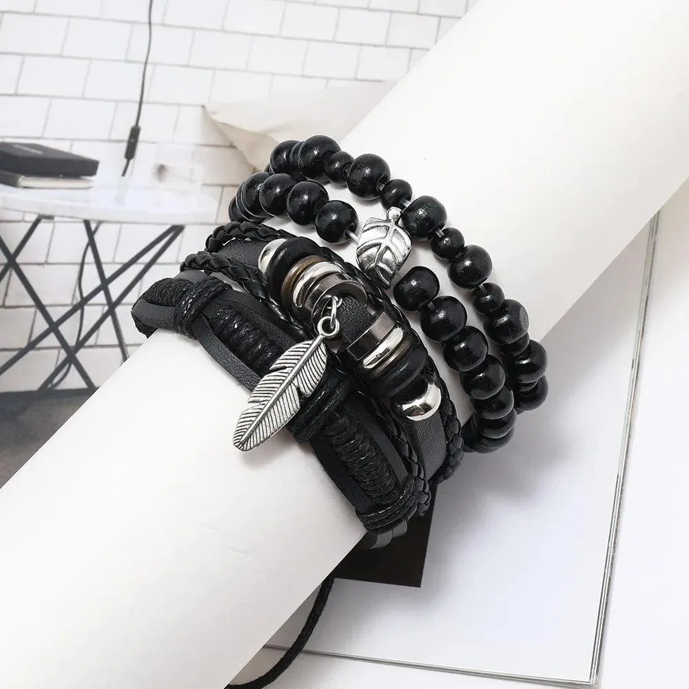 Popular Beaded Bracelet For Men DIY Vintage Feather Pendant Simple Versatile Bracelet Mens Handmade Charm Black Bracelet