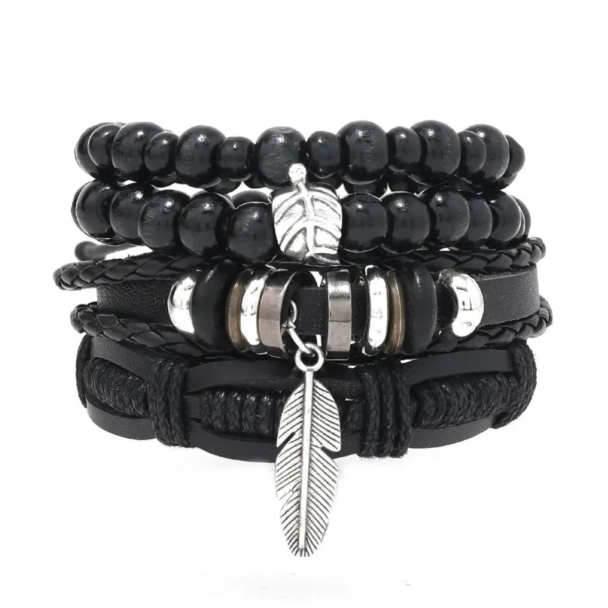 Popular Beaded Bracelet For Men DIY Vintage Feather Pendant Simple Versatile Bracelet Mens Handmade Charm Black Bracelet