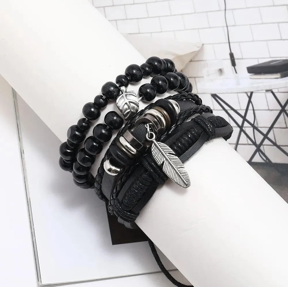 Popular Beaded Bracelet For Men DIY Vintage Feather Pendant Simple Versatile Bracelet Mens Handmade Charm Black Bracelet