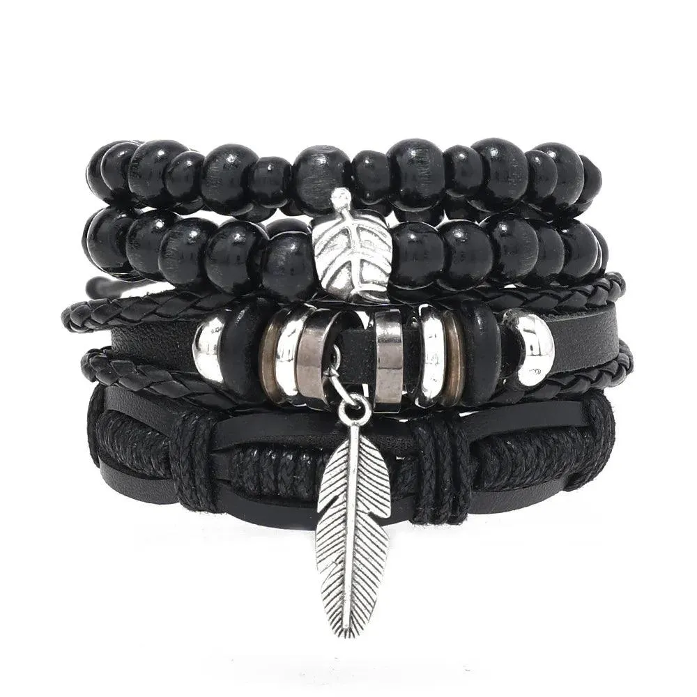 Popular Beaded Bracelet For Men DIY Vintage Feather Pendant Simple Versatile Bracelet Mens Handmade Charm Black Bracelet