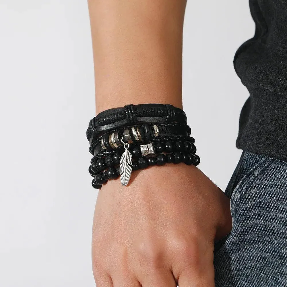 Popular Beaded Bracelet For Men DIY Vintage Feather Pendant Simple Versatile Bracelet Mens Handmade Charm Black Bracelet