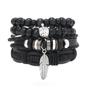 Popular Beaded Bracelet For Men DIY Vintage Feather Pendant Simple Versatile Bracelet Mens Handmade Charm Black Bracelet