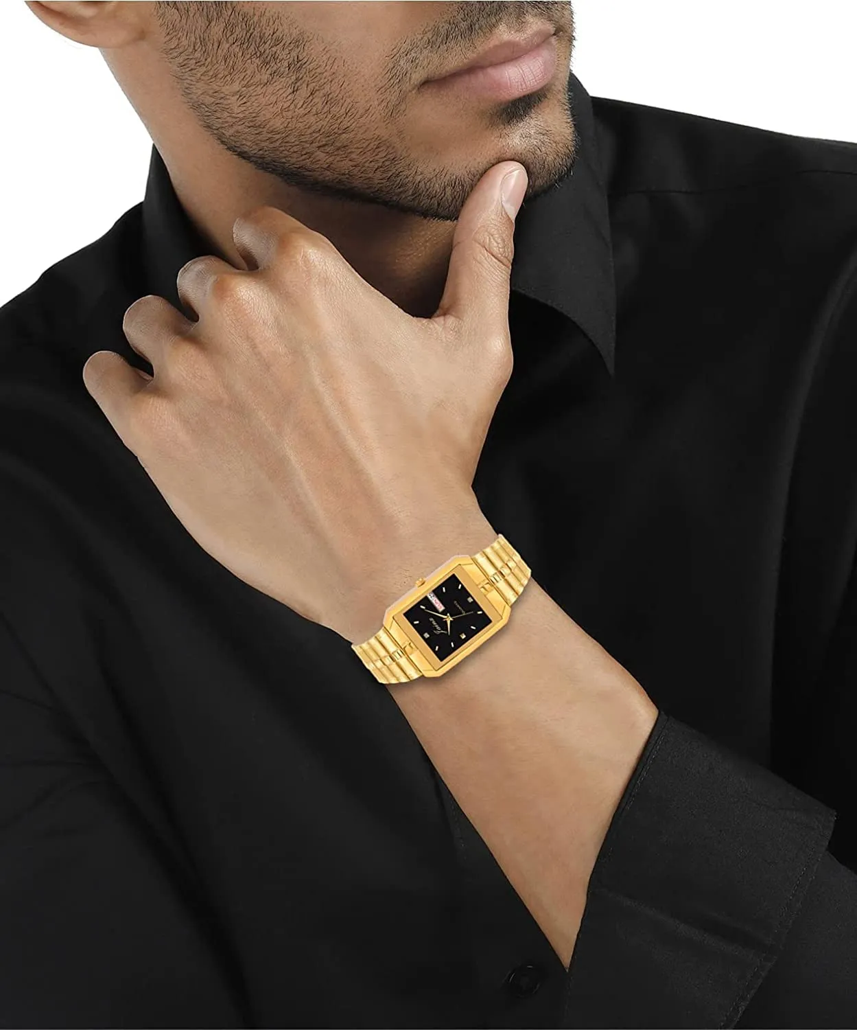 Premium Black Day & Date Feature Dial Golden Chain Analog Watch - For Men JM1128