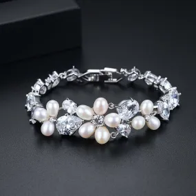 "Eloise" - Freshwater Pearl and Cubic Zirconia Bridal Bracelet - Available in Rose Gold and Silver