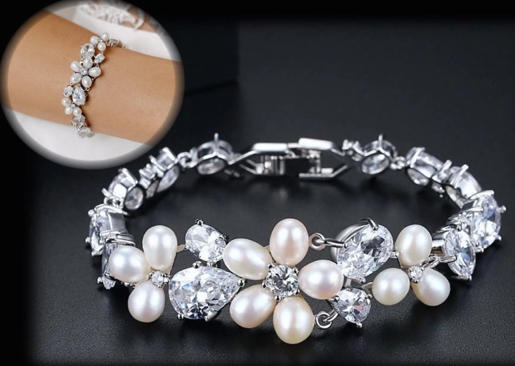 "Eloise" - Freshwater Pearl and Cubic Zirconia Bridal Bracelet - Available in Rose Gold and Silver