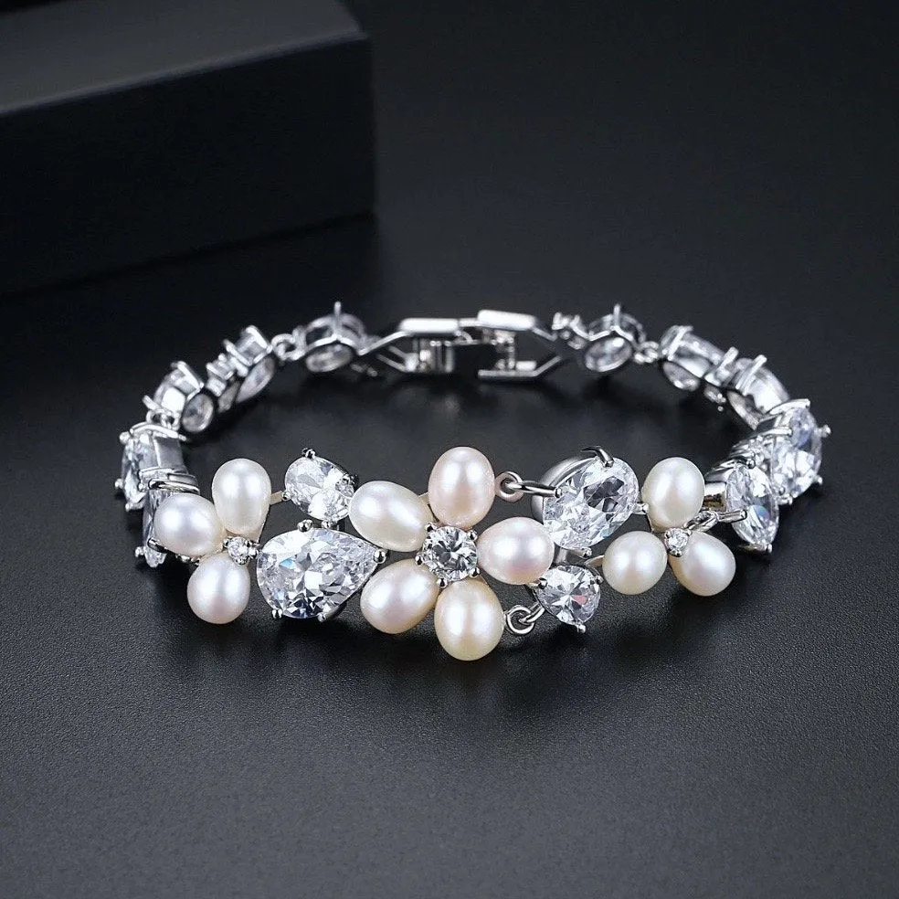 "Eloise" - Freshwater Pearl and Cubic Zirconia Bridal Bracelet - Available in Rose Gold and Silver