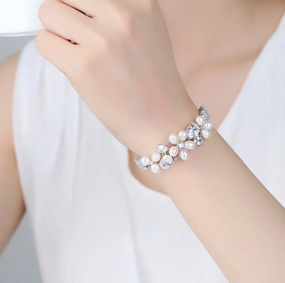 "Eloise" - Freshwater Pearl and Cubic Zirconia Bridal Bracelet - Available in Rose Gold and Silver