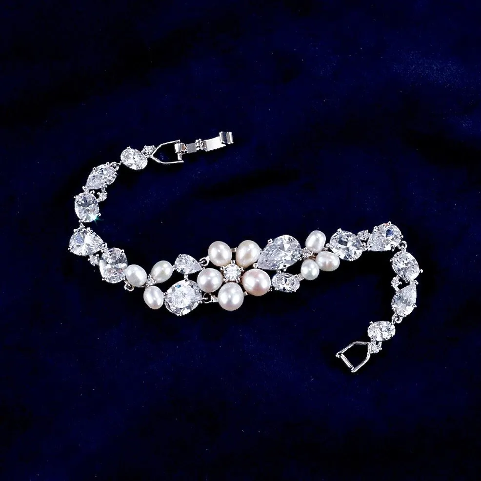 "Eloise" - Freshwater Pearl and Cubic Zirconia Bridal Bracelet - Available in Rose Gold and Silver