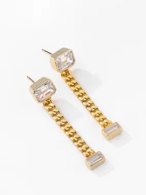 Rectangle Top Chain Earrings, Cubic Zirconia 18k Gold Plated Sterling Silver Statement Earrings