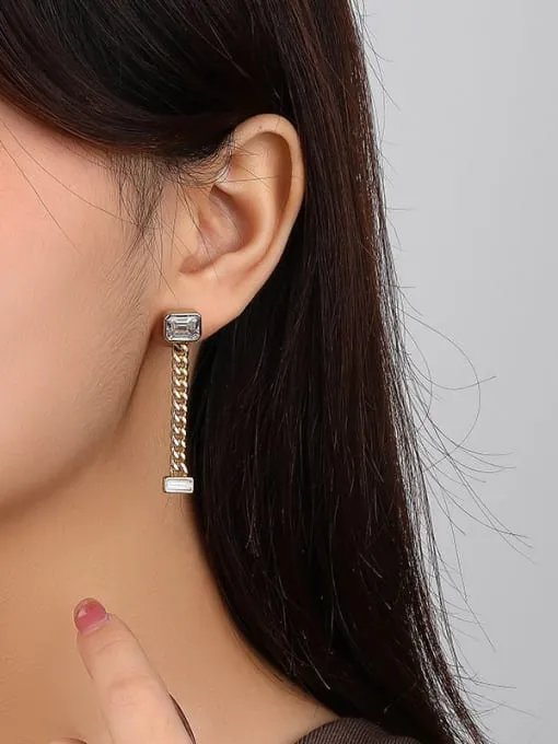 Rectangle Top Chain Earrings, Cubic Zirconia 18k Gold Plated Sterling Silver Statement Earrings
