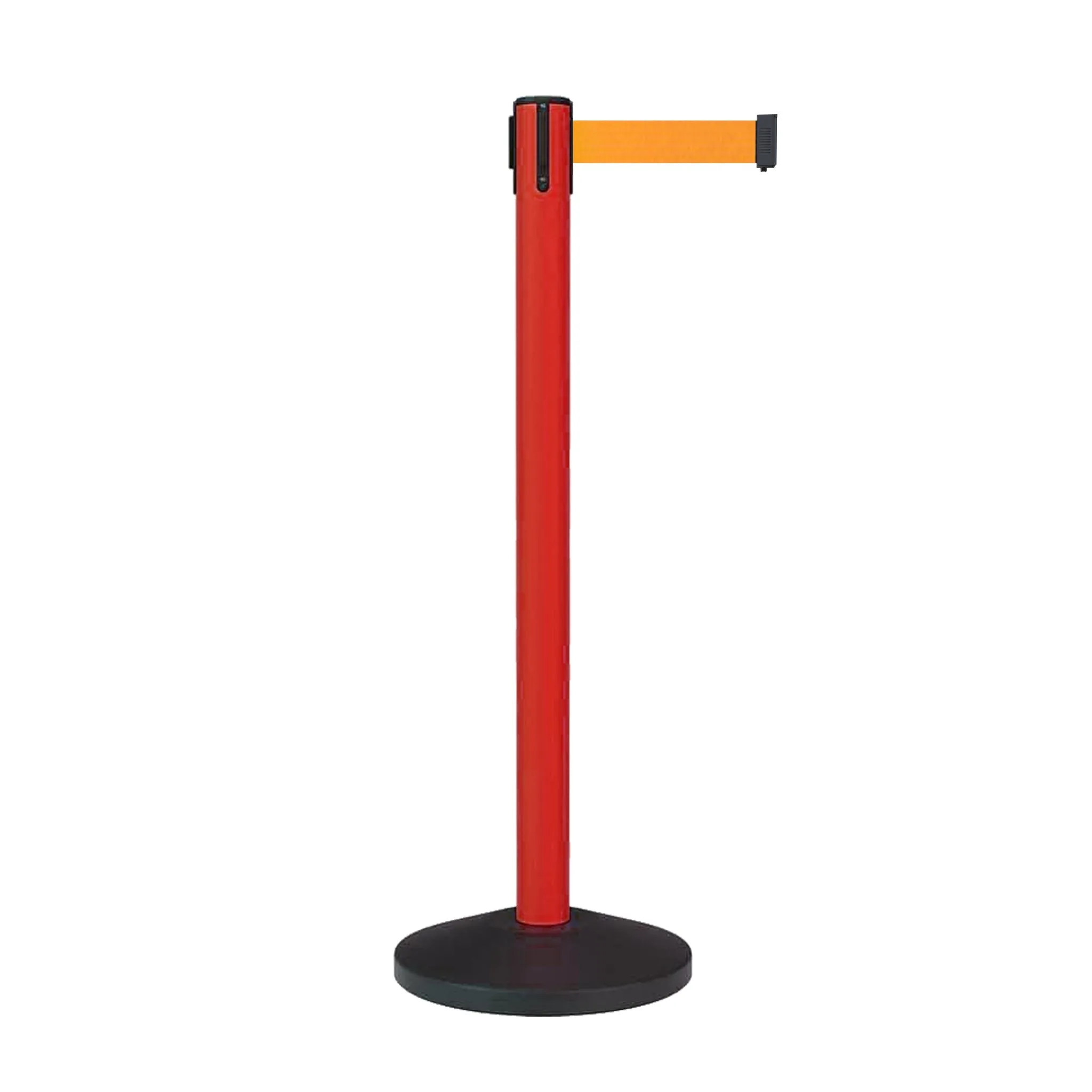 Retractable Belt Barrier Stanchion, Sloped Base, Red Post, 7.5 ft Belt - Montour Line MS630