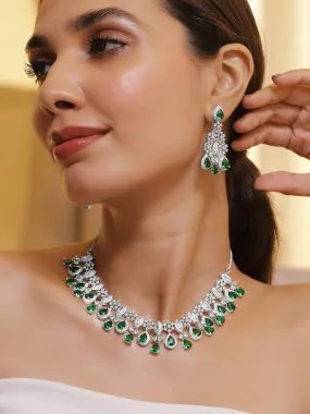 Rhodium Plated Emerald & Cubic Zirconia Studded Premium Jewellery Set