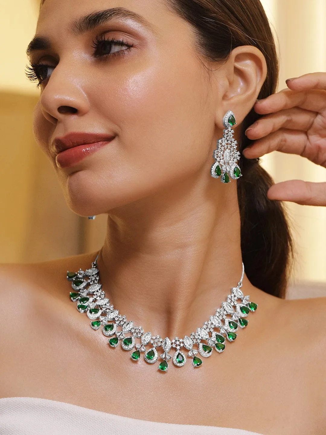 Rhodium Plated Emerald & Cubic Zirconia Studded Premium Jewellery Set