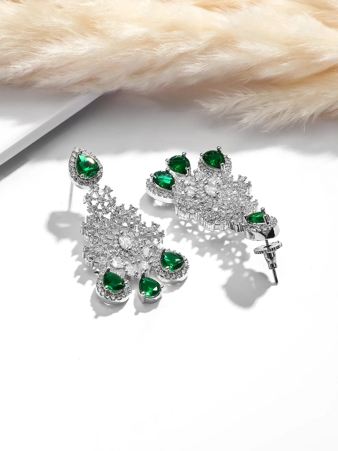 Rhodium Plated Emerald & Cubic Zirconia Studded Premium Jewellery Set