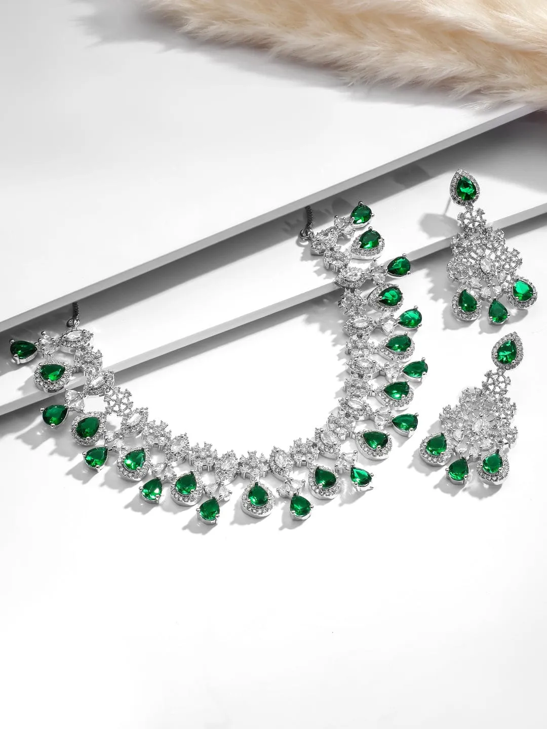 Rhodium Plated Emerald & Cubic Zirconia Studded Premium Jewellery Set