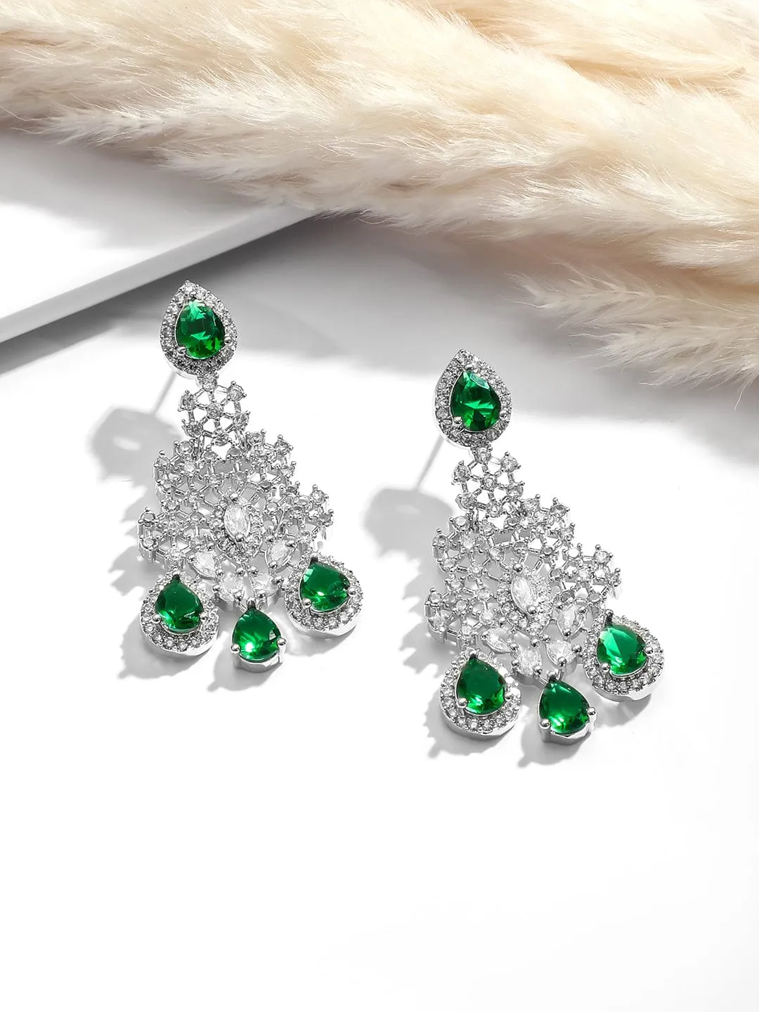 Rhodium Plated Emerald & Cubic Zirconia Studded Premium Jewellery Set