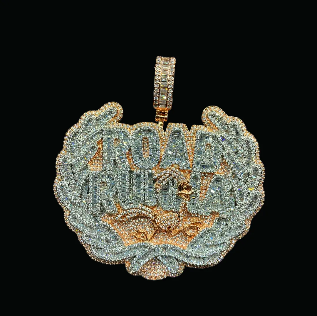 Road Runna Two Tone Badge Iced Out Letter Diamond Pendant Necklace