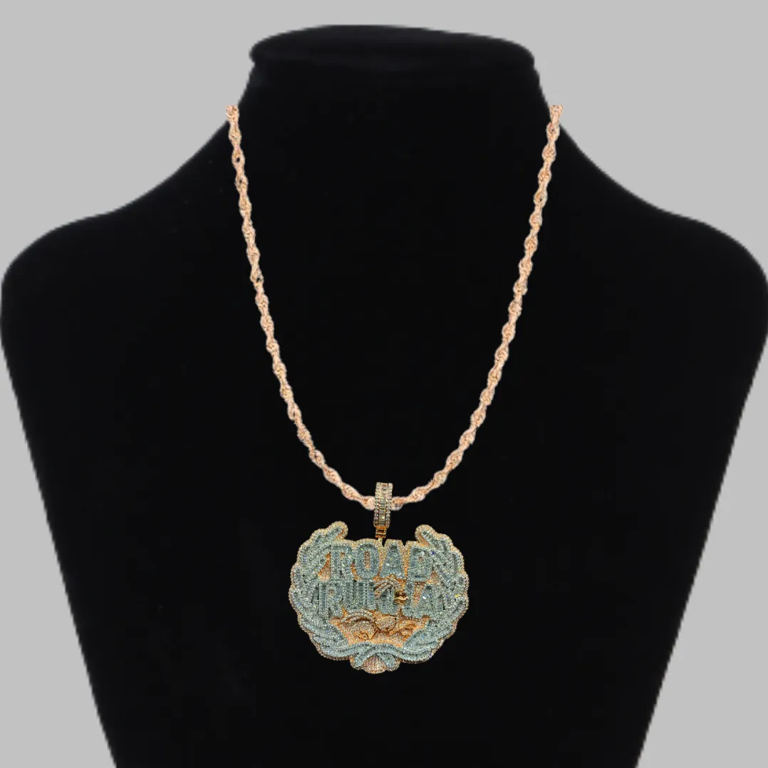 Road Runna Two Tone Badge Iced Out Letter Diamond Pendant Necklace