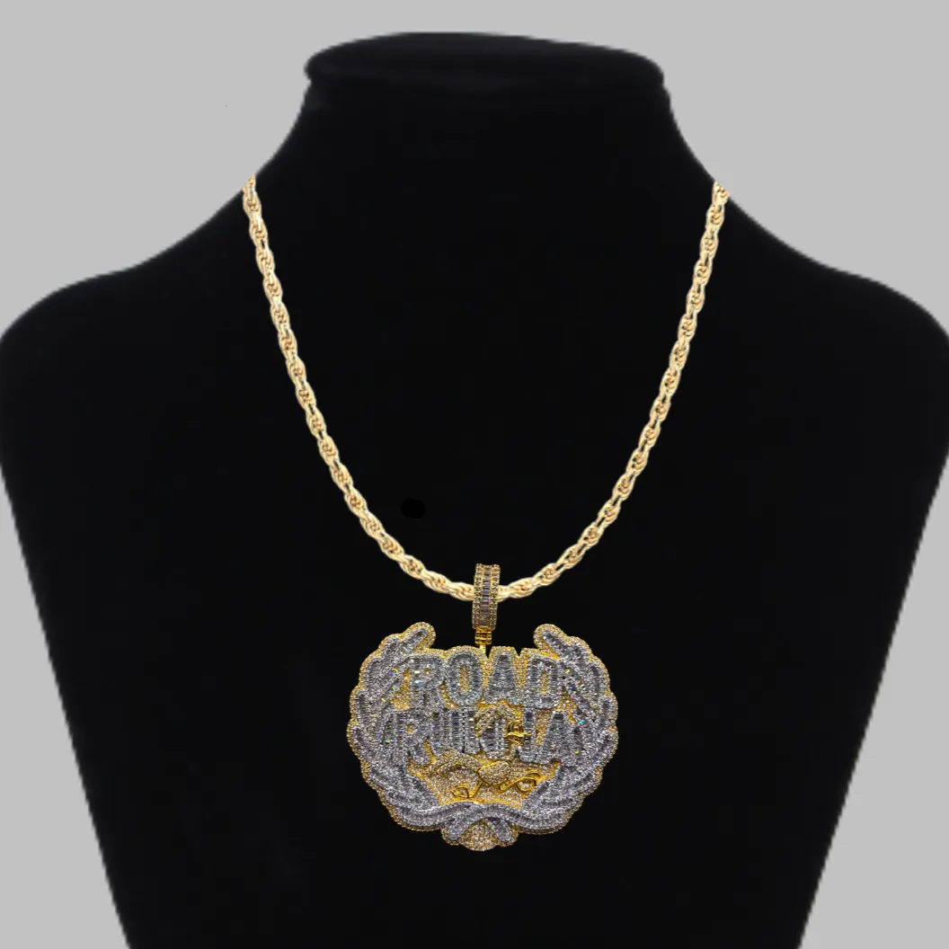 Road Runna Two Tone Badge Iced Out Letter Diamond Pendant Necklace