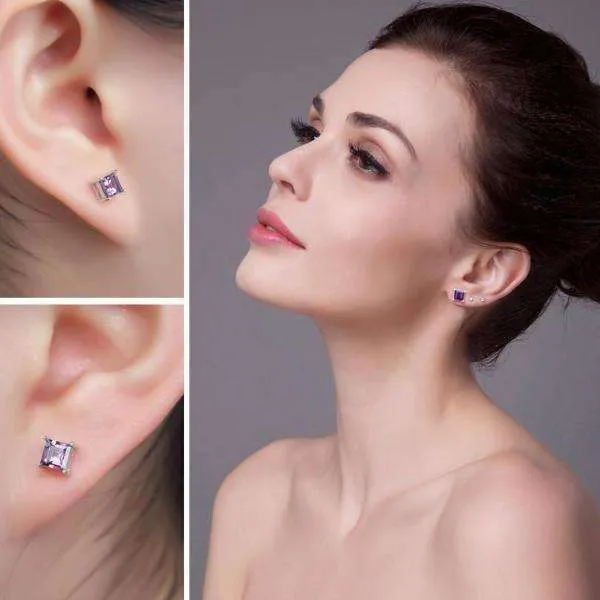 Royal Purple Princess Cut 0.5 CT Genuine Amethyst IOBI Precious Gems Stud Earrings