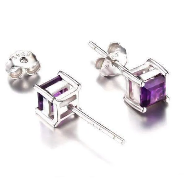 Royal Purple Princess Cut 0.5 CT Genuine Amethyst IOBI Precious Gems Stud Earrings