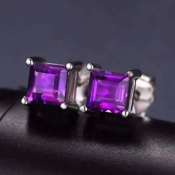 Royal Purple Princess Cut 0.5 CT Genuine Amethyst IOBI Precious Gems Stud Earrings