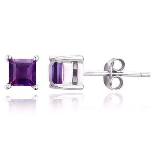Royal Purple Princess Cut 0.5 CT Genuine Amethyst IOBI Precious Gems Stud Earrings