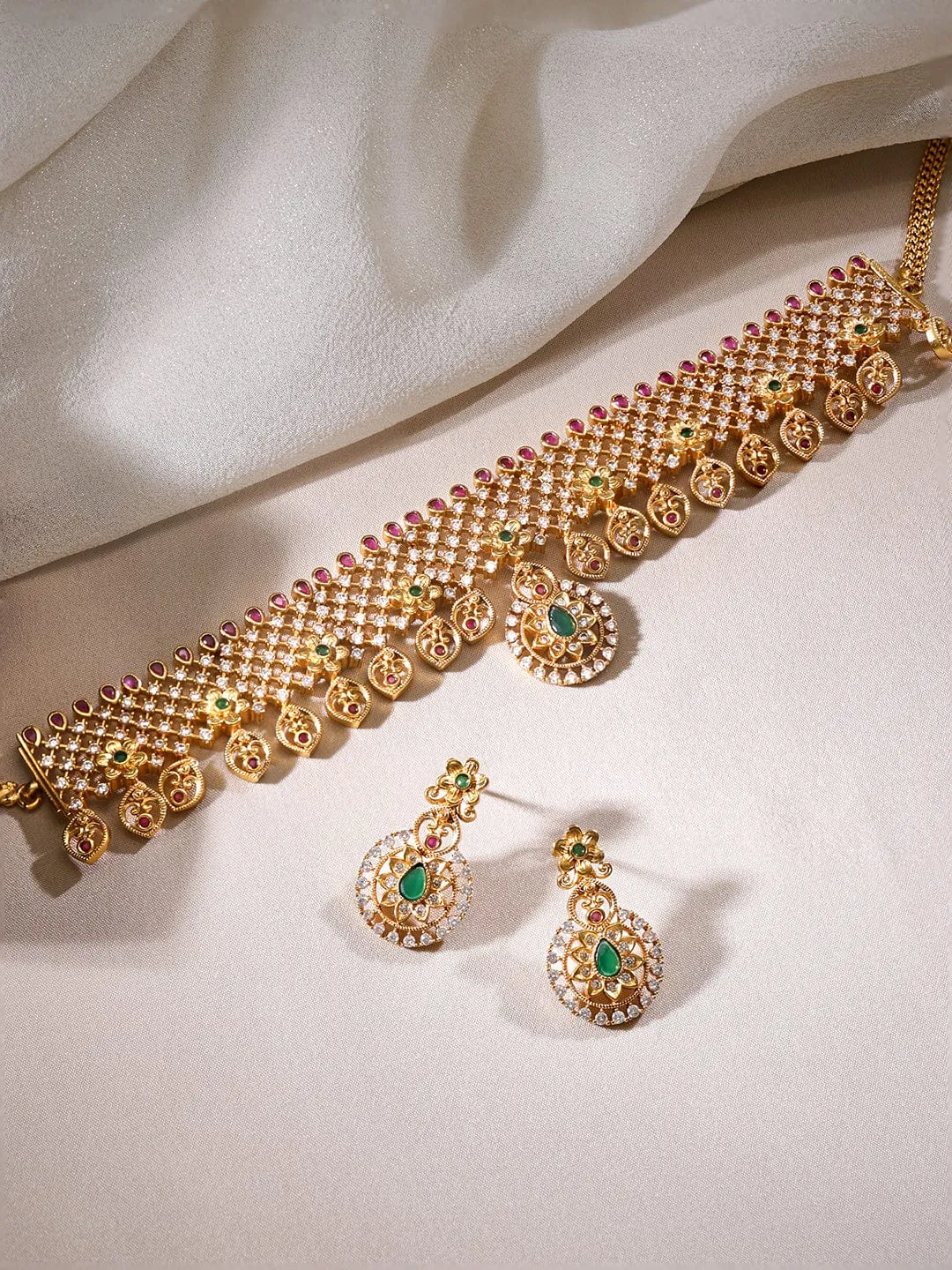 Rubans 22K Gold plated Rubi & emerald Zirconia studded delicate dangle Luxury Temple Choker necklace set
