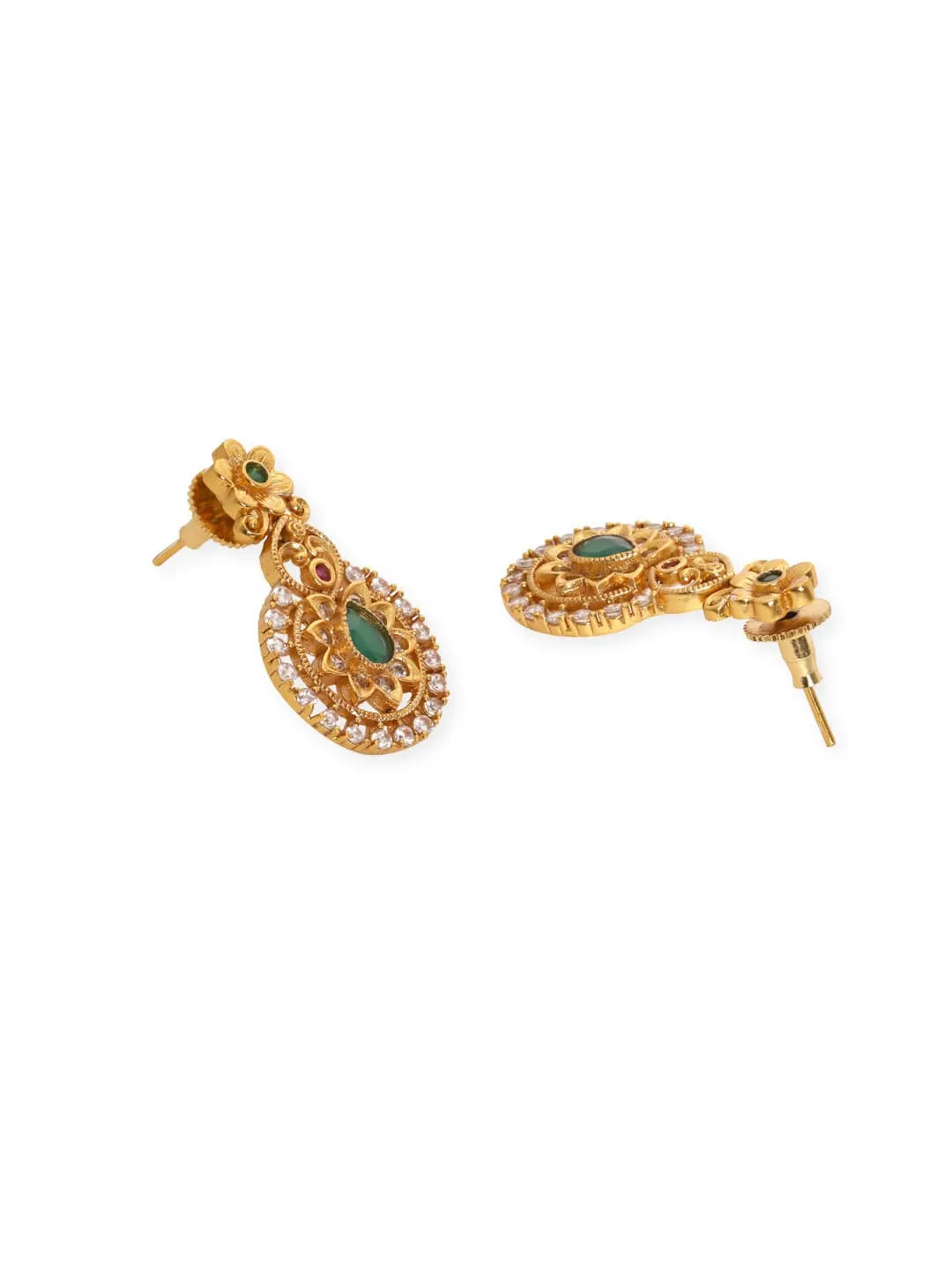 Rubans 22K Gold plated Rubi & emerald Zirconia studded delicate dangle Luxury Temple Choker necklace set
