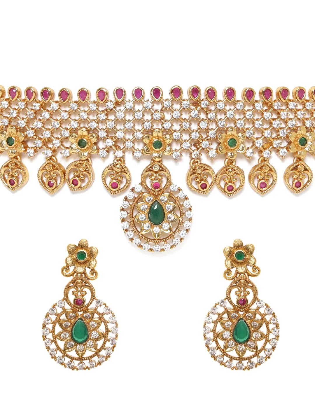 Rubans 22K Gold plated Rubi & emerald Zirconia studded delicate dangle Luxury Temple Choker necklace set
