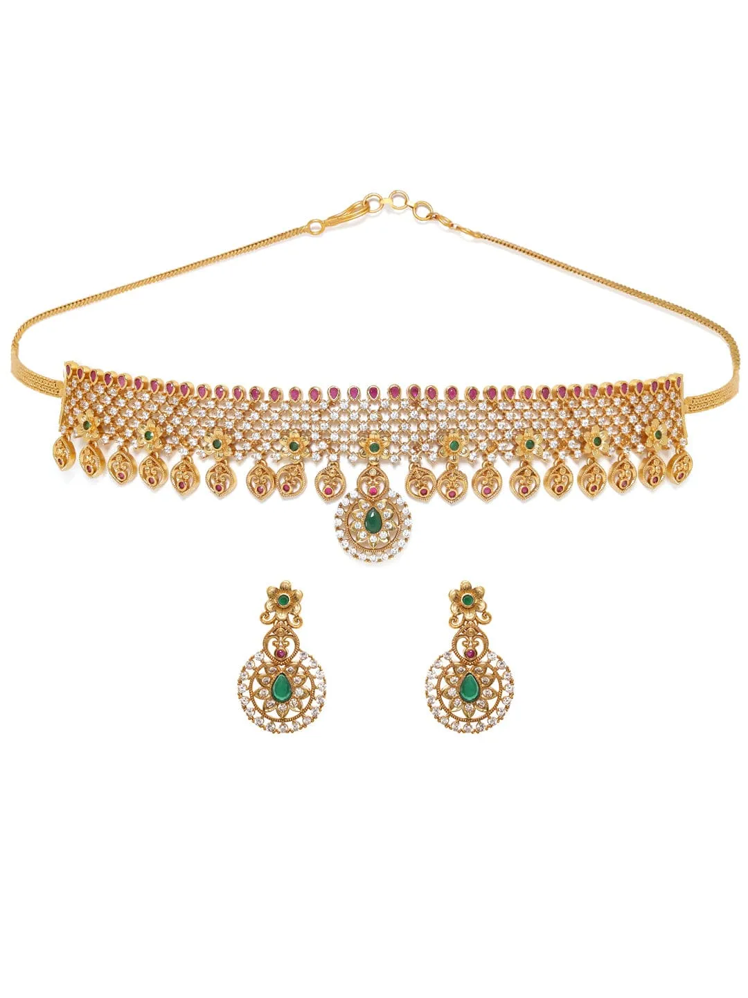 Rubans 22K Gold plated Rubi & emerald Zirconia studded delicate dangle Luxury Temple Choker necklace set