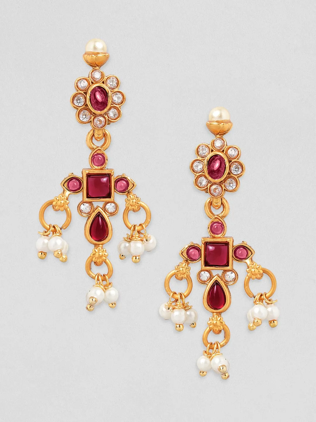 Rubans 22K Gold-Plated Ruby  Kundan & Cubic Zirconia Studded Necklace Set with Pearl Beads