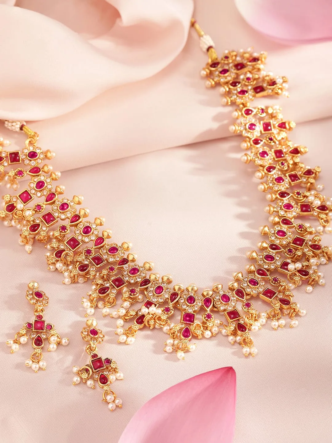 Rubans 22K Gold-Plated Ruby  Kundan & Cubic Zirconia Studded Necklace Set with Pearl Beads