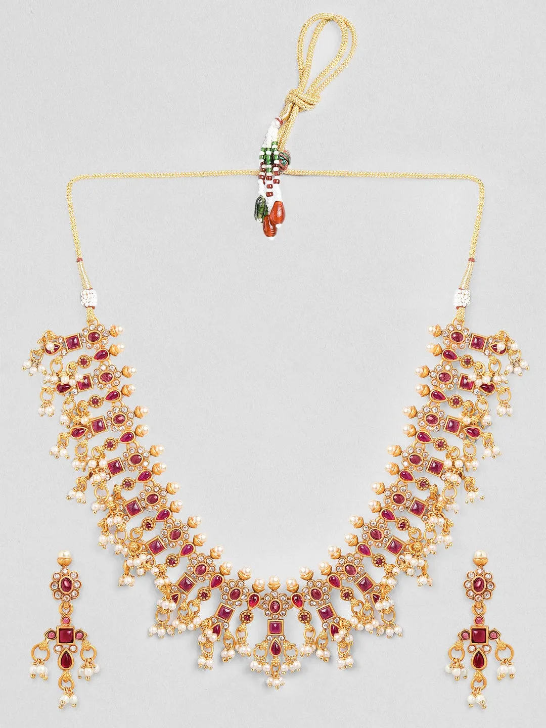 Rubans 22K Gold-Plated Ruby  Kundan & Cubic Zirconia Studded Necklace Set with Pearl Beads