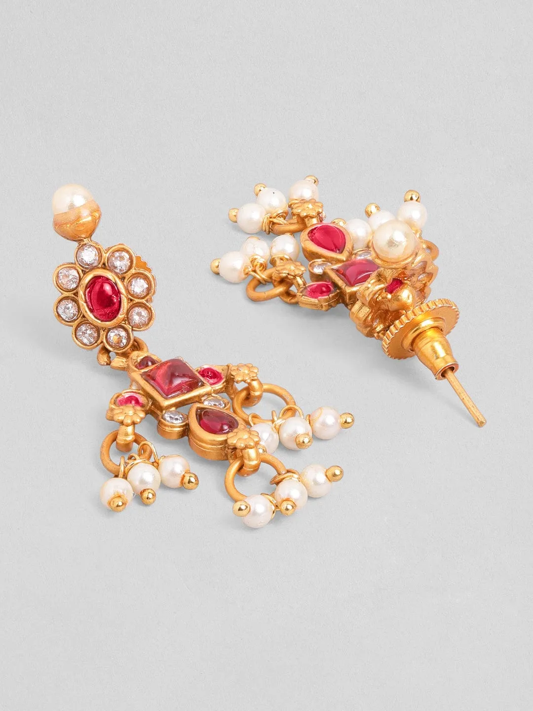 Rubans 22K Gold-Plated Ruby  Kundan & Cubic Zirconia Studded Necklace Set with Pearl Beads
