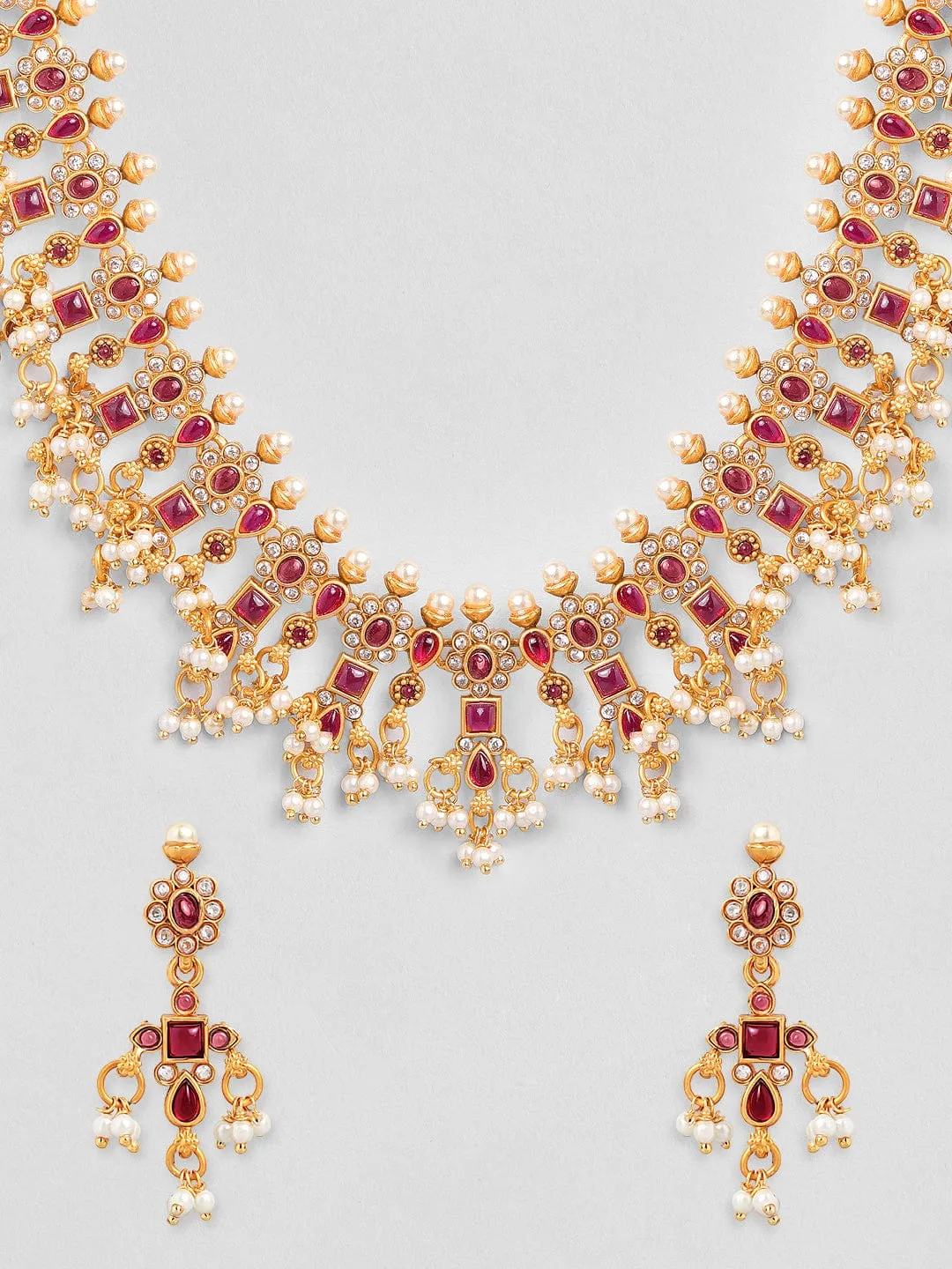 Rubans 22K Gold-Plated Ruby  Kundan & Cubic Zirconia Studded Necklace Set with Pearl Beads