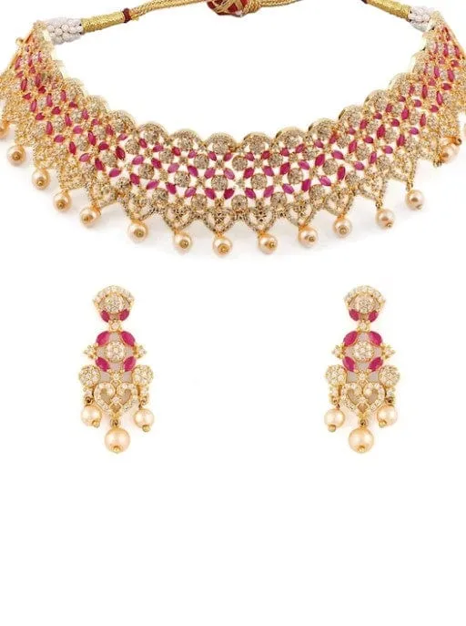 Rubans Finely Handcrafted Gold Plated CZ and Faux Ruby And Pearl Studded Statement Choker Necklace Set