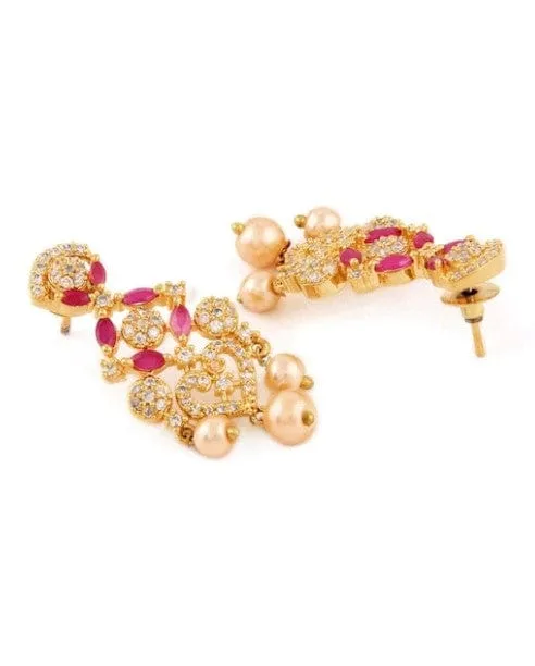 Rubans Finely Handcrafted Gold Plated CZ and Faux Ruby And Pearl Studded Statement Choker Necklace Set