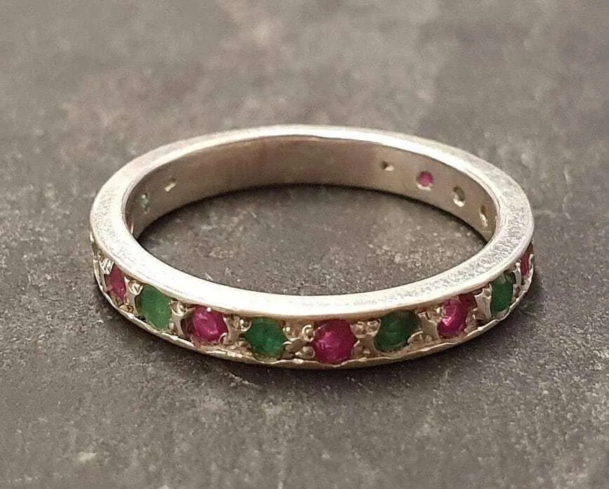 Ruby Eternity Ring - Real Emerald Ring - Silver Stackable Ring