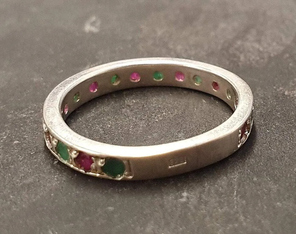 Ruby Eternity Ring - Real Emerald Ring - Silver Stackable Ring