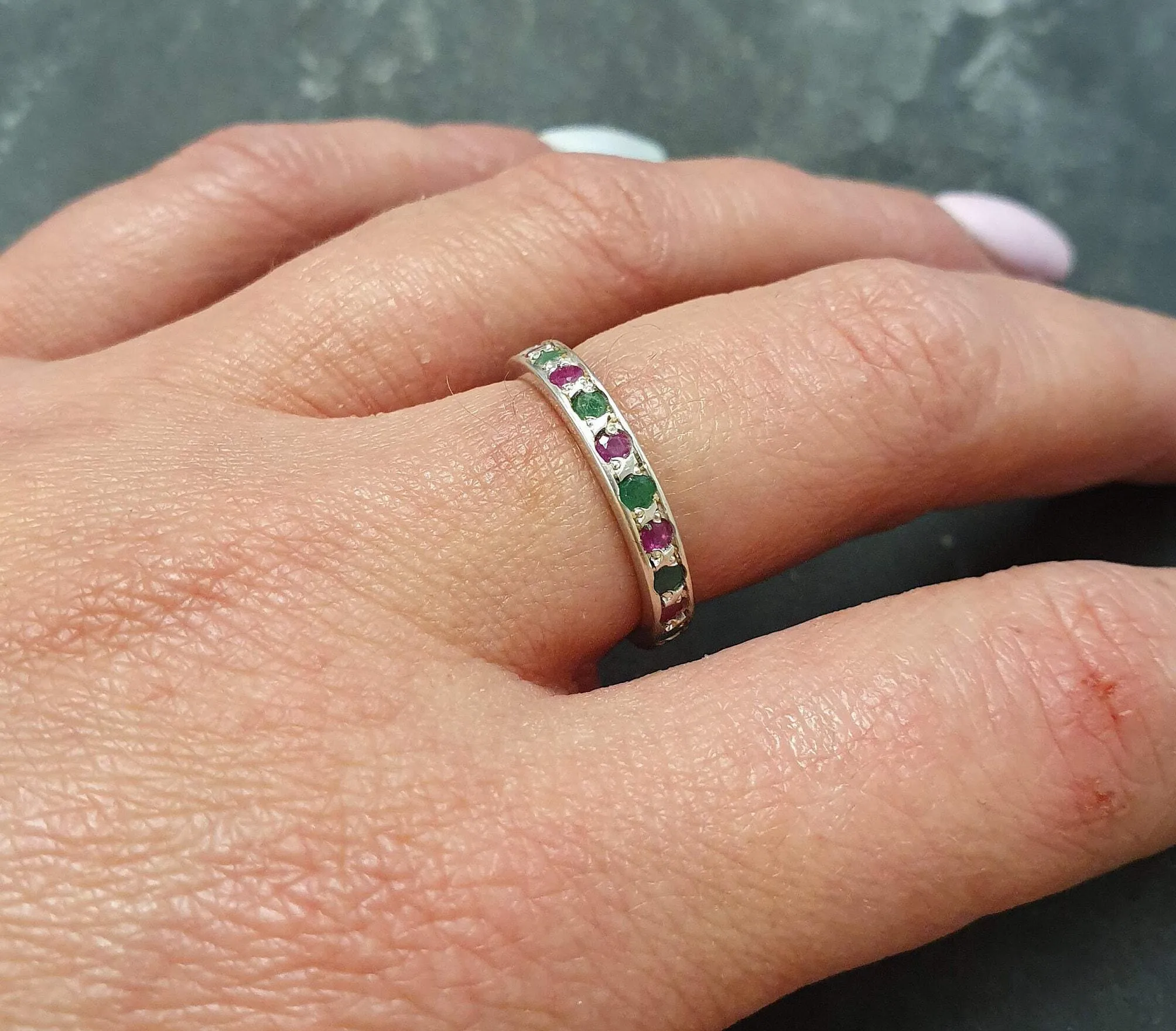 Ruby Eternity Ring - Real Emerald Ring - Silver Stackable Ring