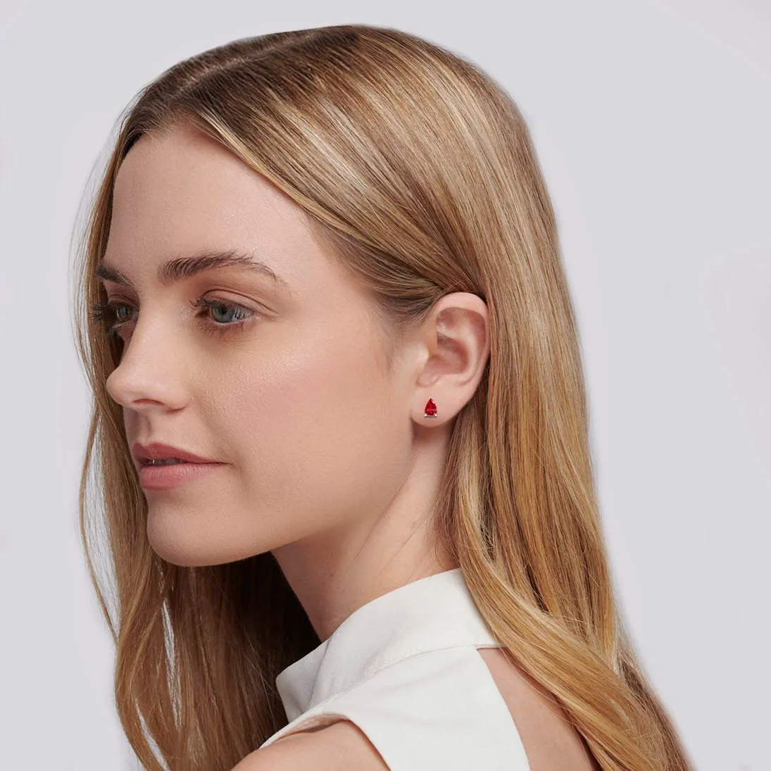 SCARLETT - Pear Ruby 18k White Gold Stud Earrings
