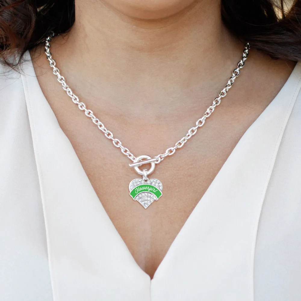 Silver Emerald Green Flower Girl Pave Heart Charm Toggle Necklace