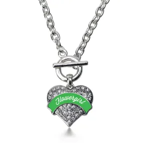Silver Emerald Green Flower Girl Pave Heart Charm Toggle Necklace