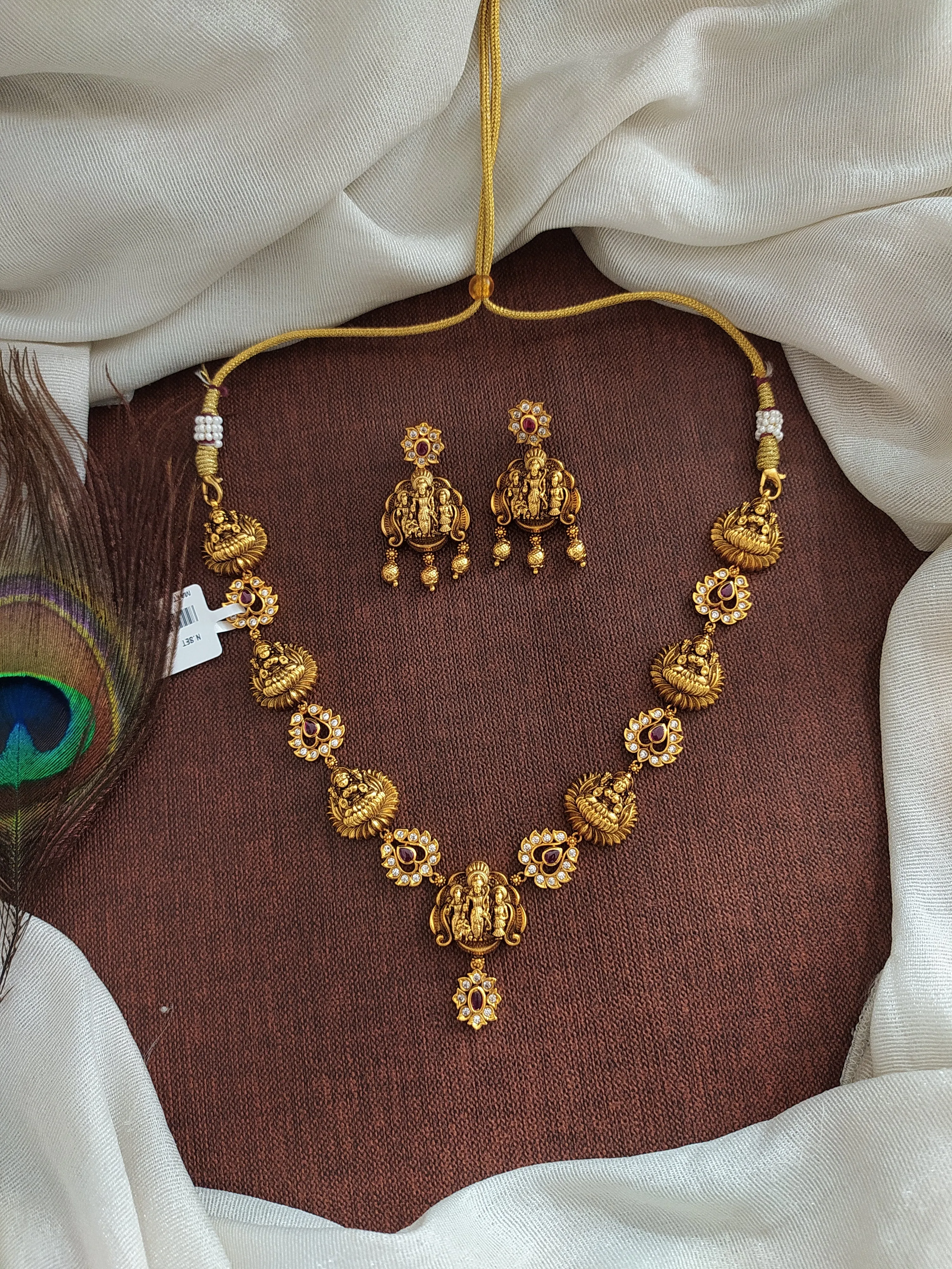Simple Antique Nakshi Work Necklace Set with Ram-Parivar Motif