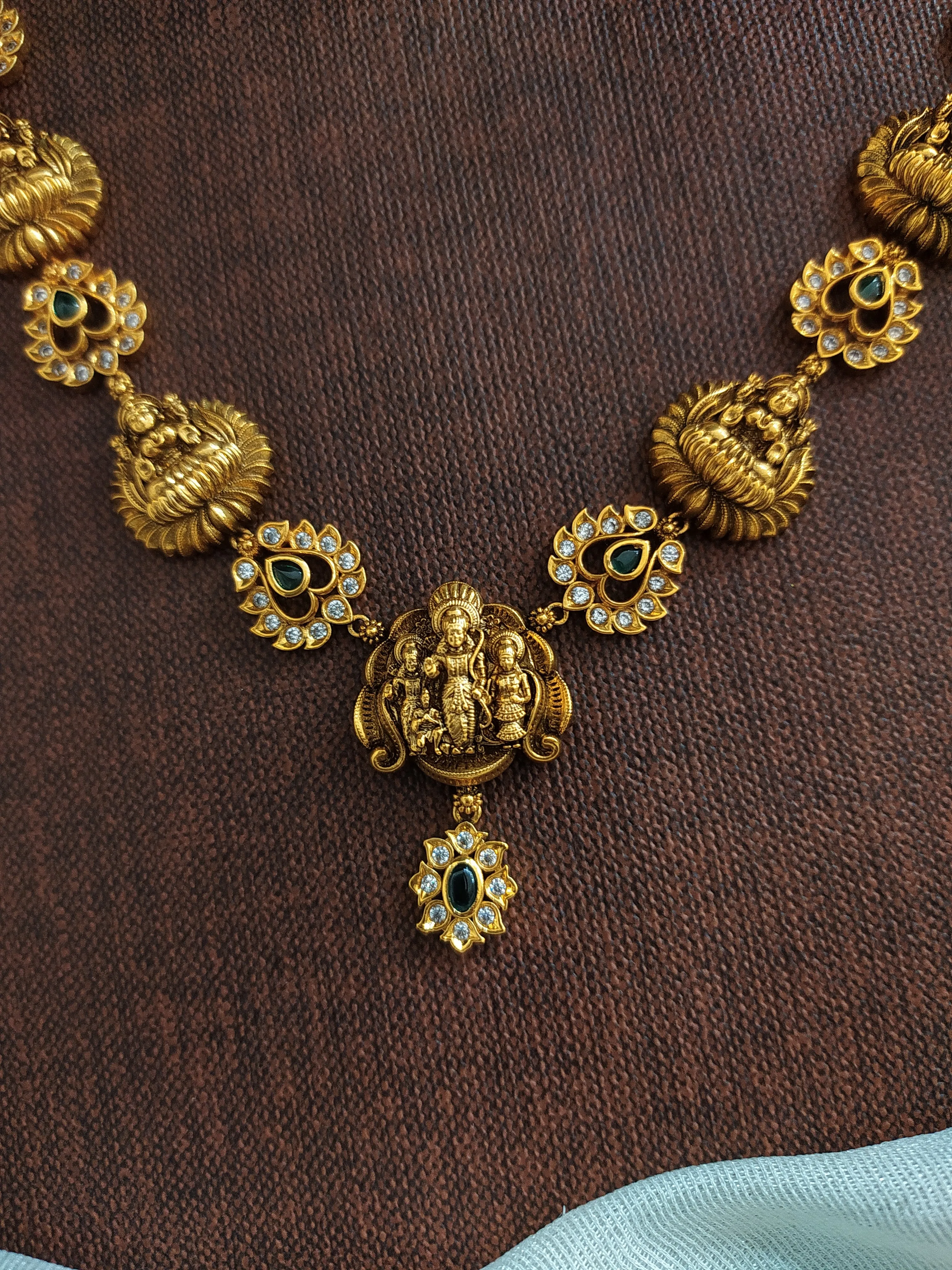 Simple Antique Nakshi Work Necklace Set with Ram-Parivar Motif