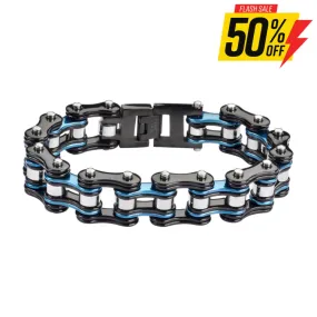 SK1291 3/4" Wide Tri-Color Black Blue Silver Double Link Design Unisex Stainless Steel Motorcycle Chain Bracelet