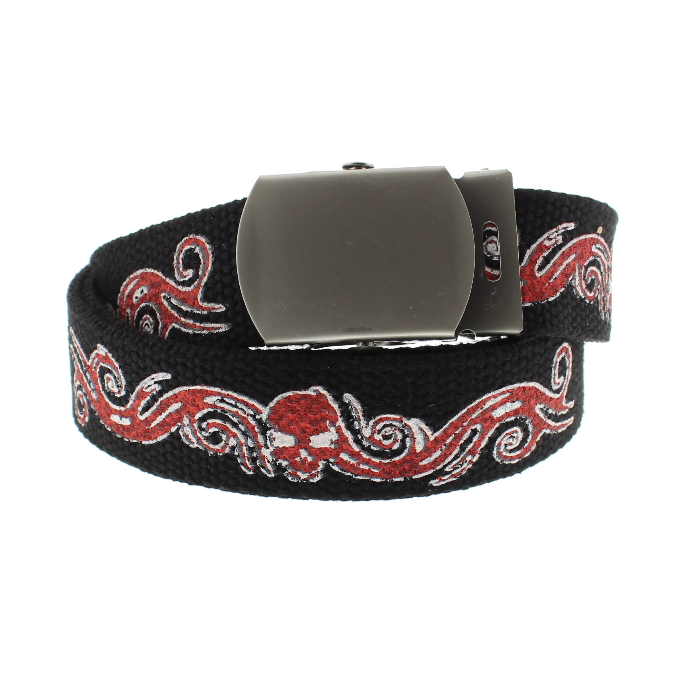 Skull & Smoke Canvas Webbing Belt with Shiny Silver Slider Buckle (Length - 120cm, Width - 3cm)